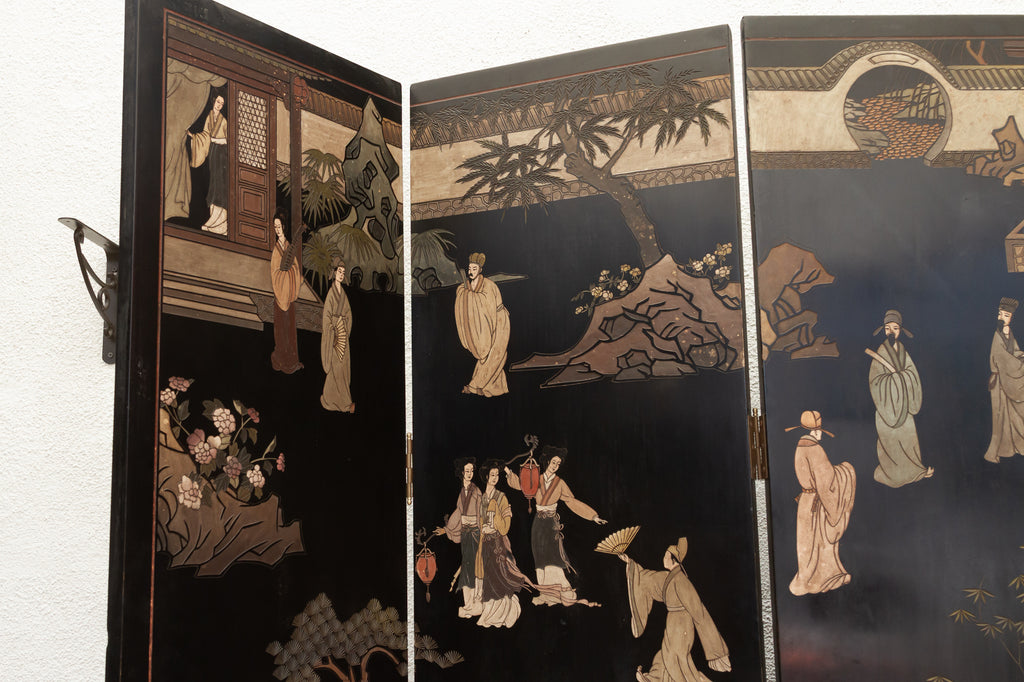 Elegant Six-Panel Black & Gold Lacquer Coromandel Screen (Trade)