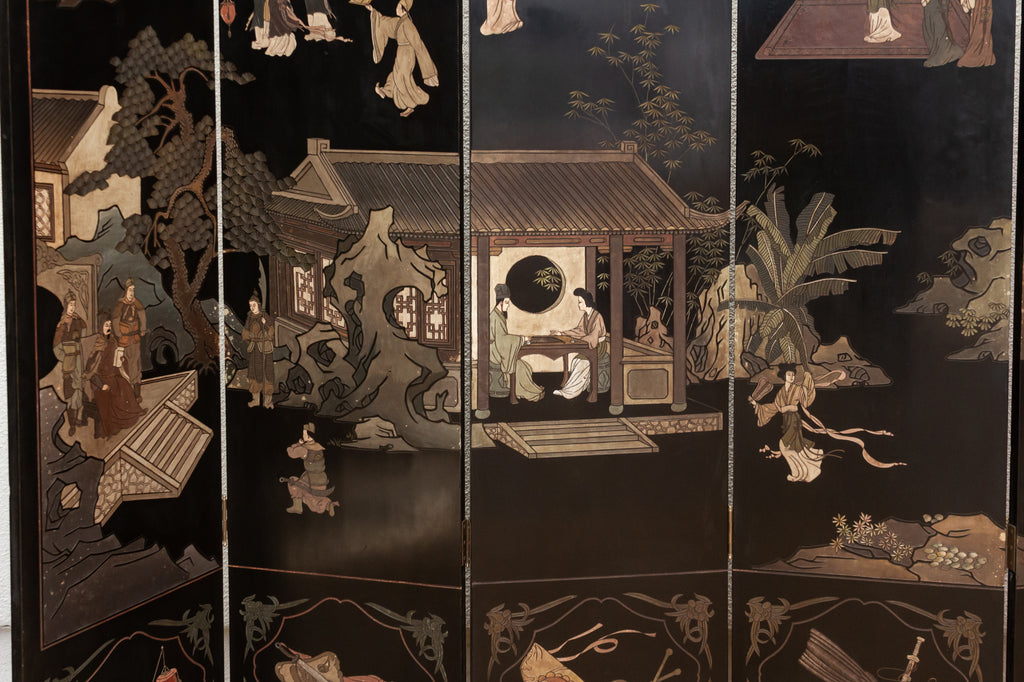 Elegant Six-Panel Black & Gold Lacquer Coromandel Screen (Trade)