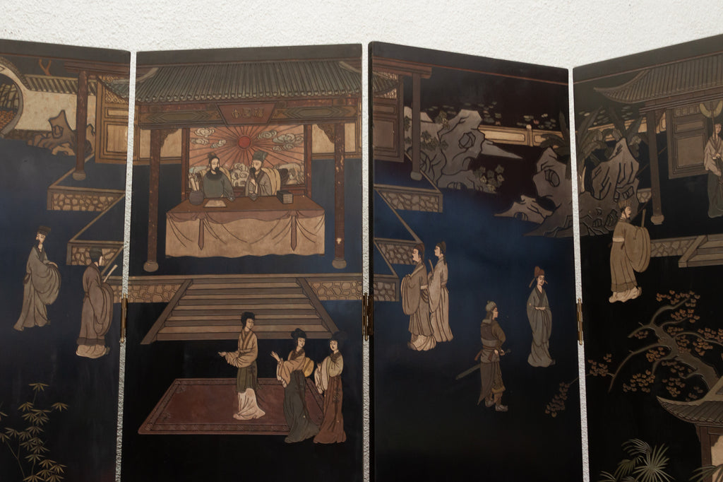 Elegant Six-Panel Black & Gold Lacquer Coromandel Screen (Trade)