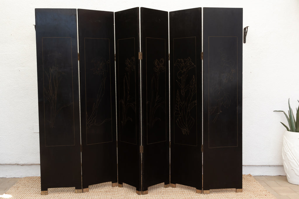 Elegant Six-Panel Black & Gold Lacquer Coromandel Screen (Trade)