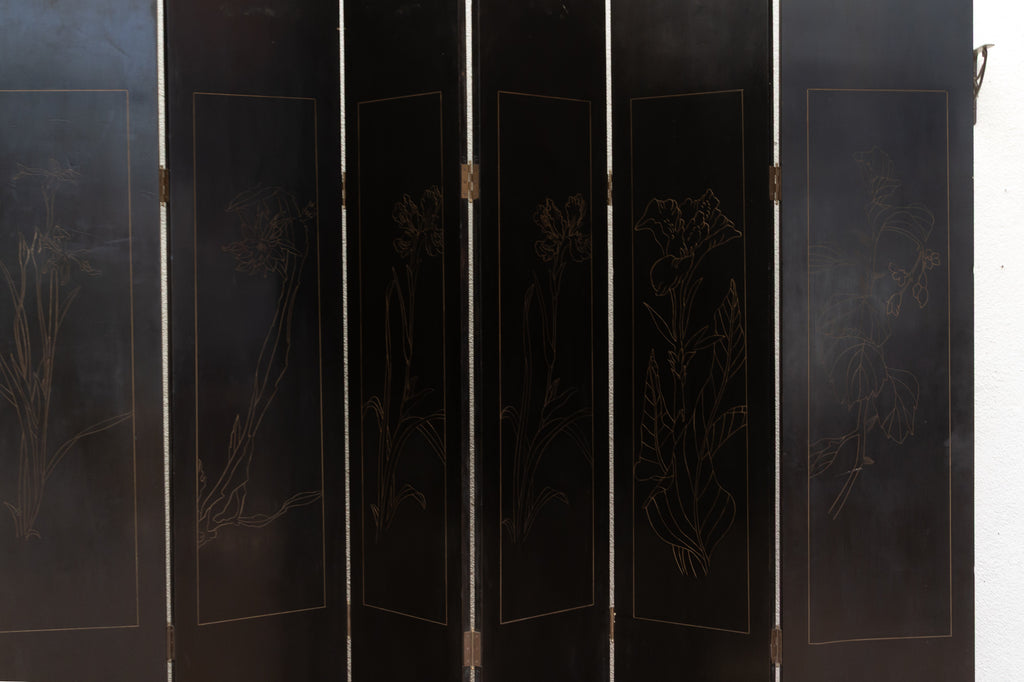 Elegant Six-Panel Black & Gold Lacquer Coromandel Screen (Trade)