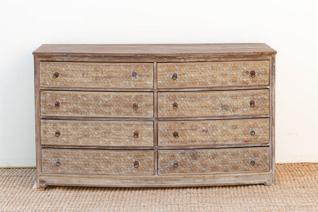 Bleached Wood Lotus Diamond Carved Bow-Front Dresser
