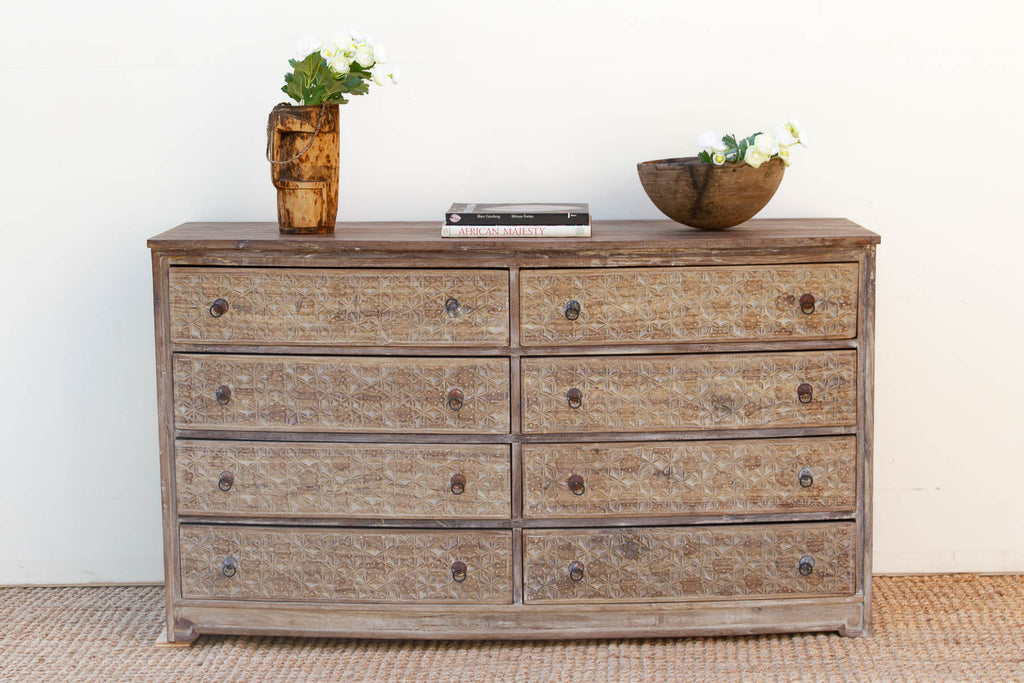 Bleached Wood Lotus Diamond Carved Bow-Front Dresser