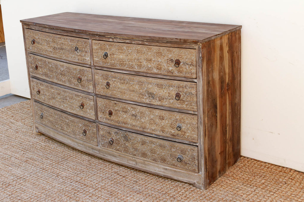 Bleached Wood Lotus Diamond Carved Bow-Front Dresser
