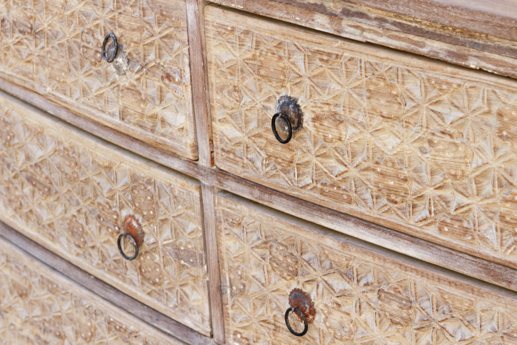 Bleached Wood Lotus Diamond Carved Bow-Front Dresser