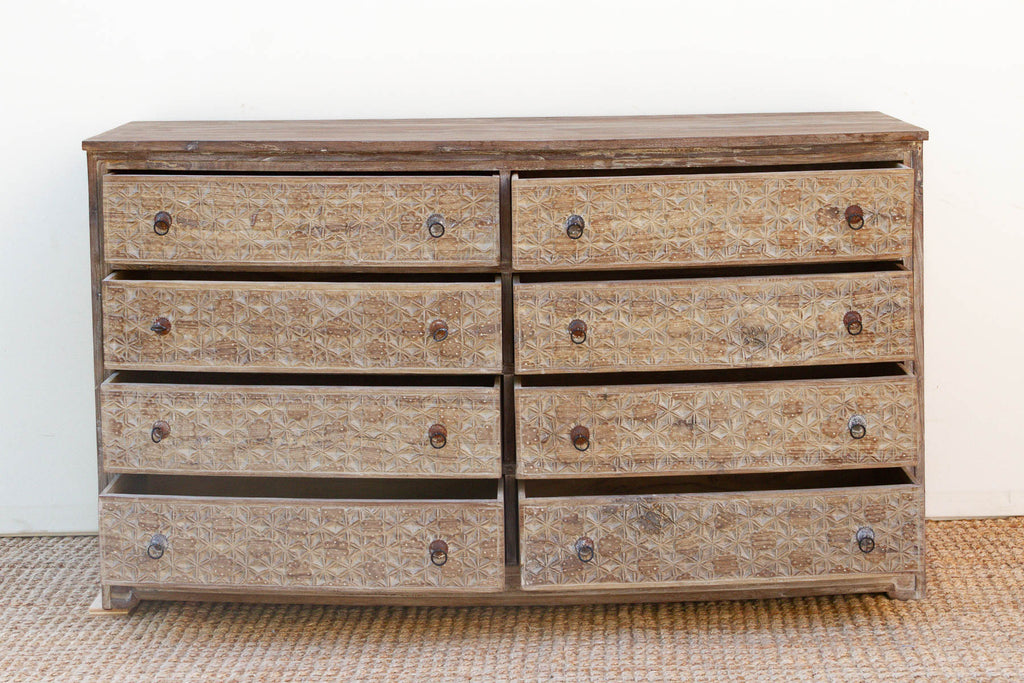 Bleached Wood Lotus Diamond Carved Bow-Front Dresser