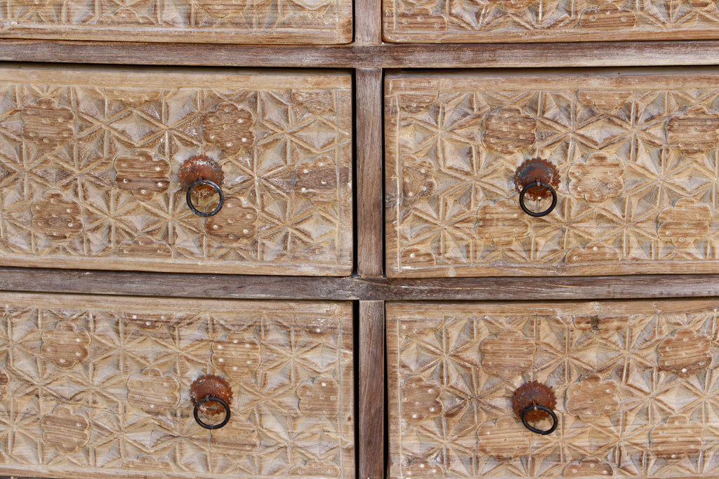 Bleached Wood Lotus Diamond Carved Bow-Front Dresser