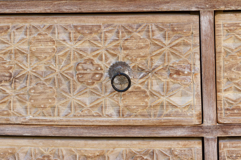 Bleached Wood Lotus Diamond Carved Bow-Front Dresser