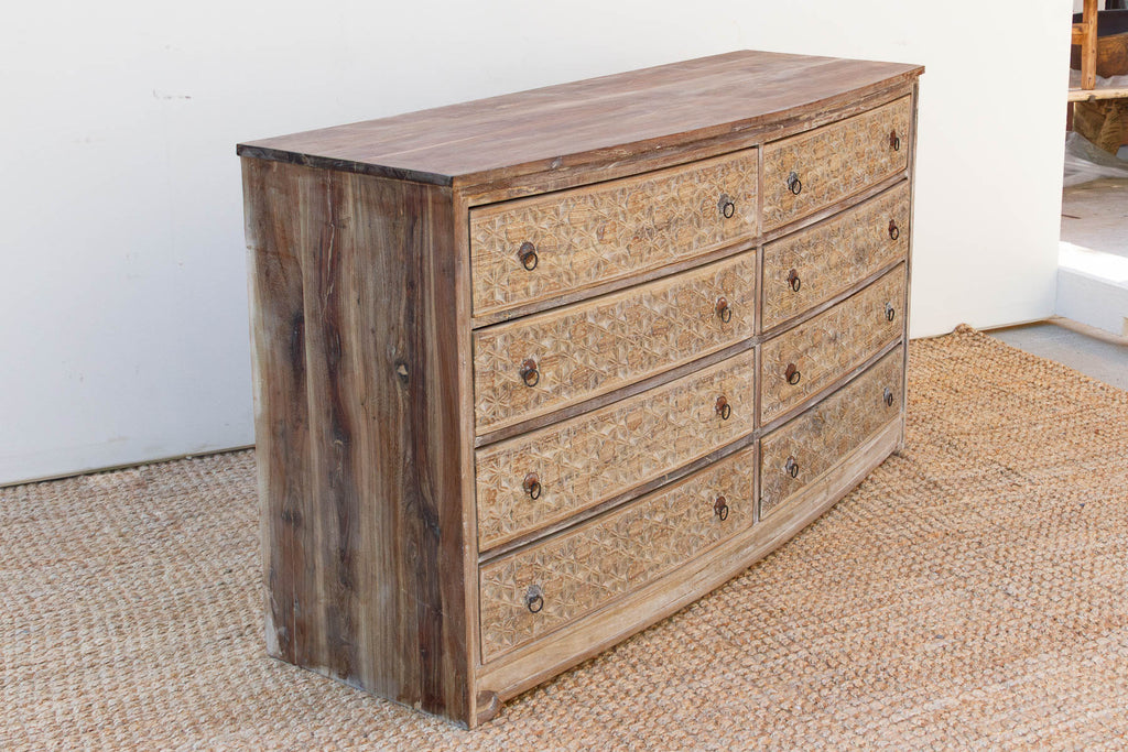Bleached Wood Lotus Diamond Carved Bow-Front Dresser