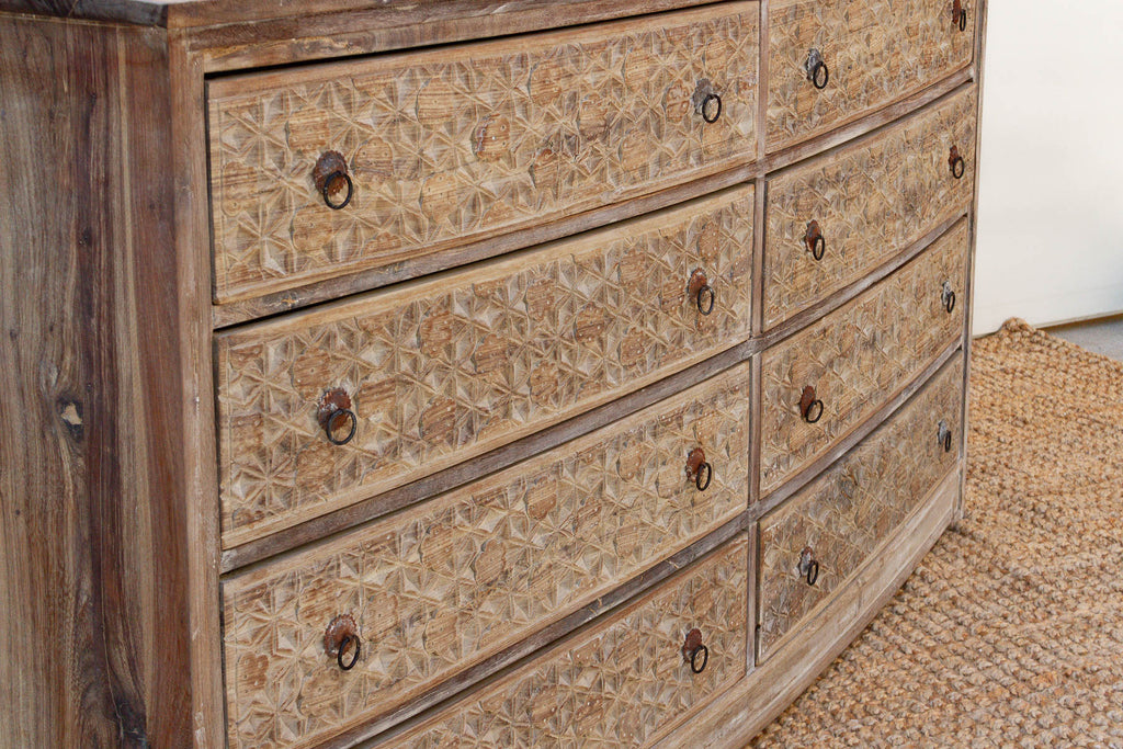 Bleached Wood Lotus Diamond Carved Bow-Front Dresser