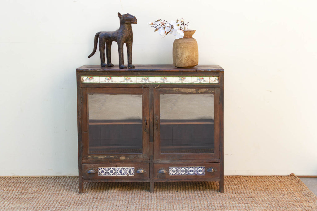 Antique Goa Colonial Tile & Glass Cabinet