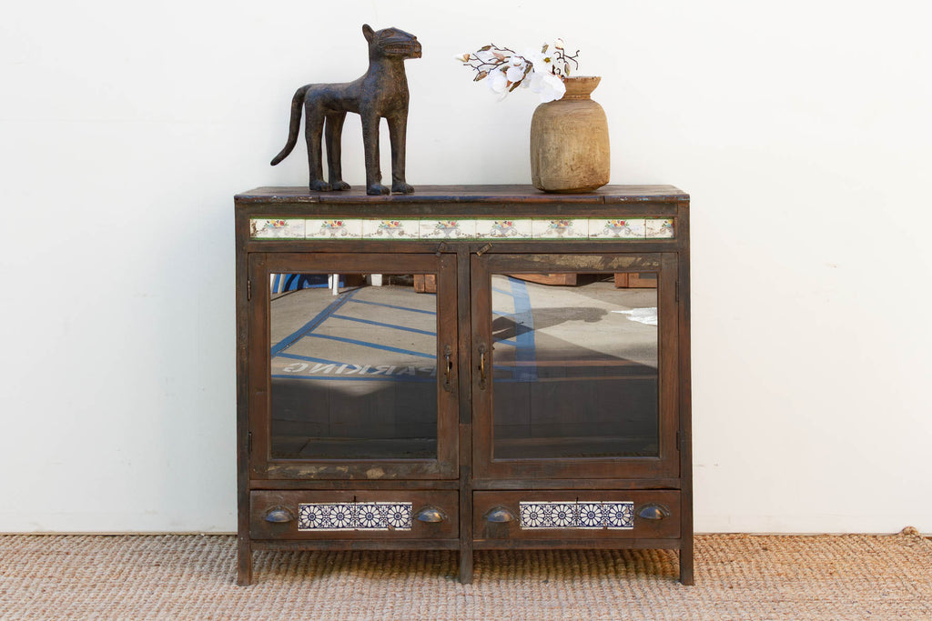 Antique Goa Colonial Tile & Glass Cabinet