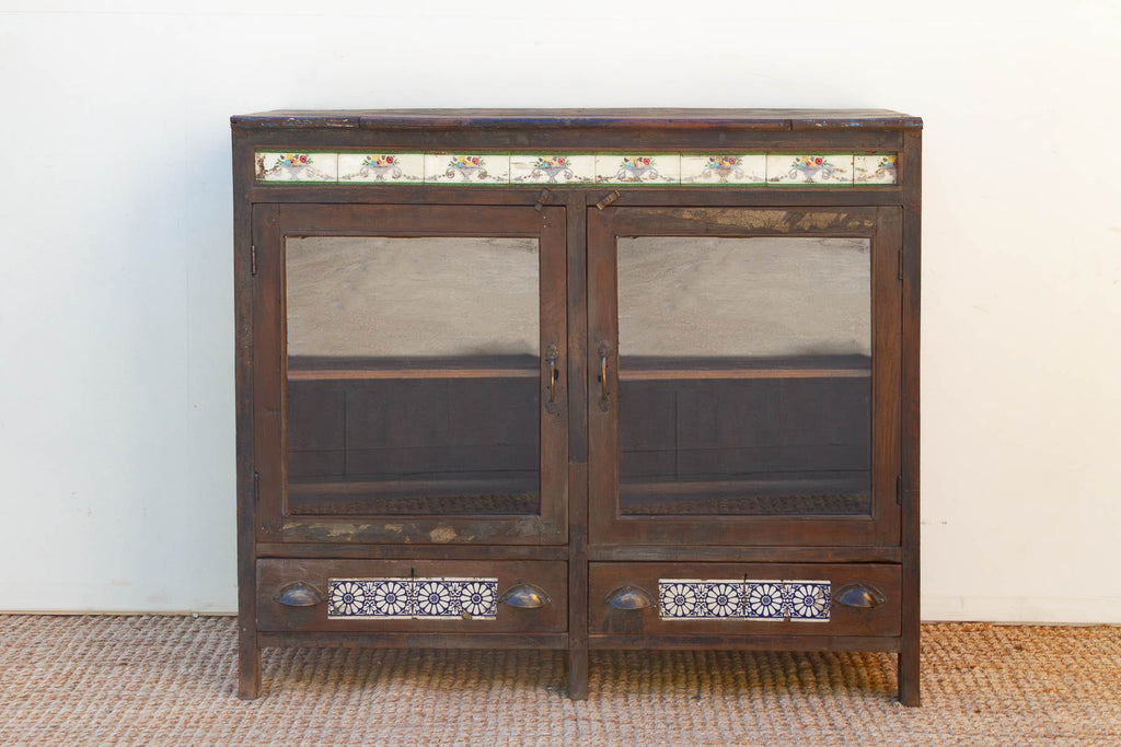 Antique Goa Colonial Tile & Glass Cabinet