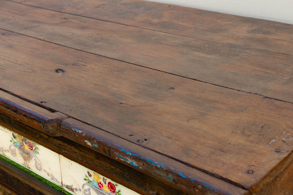 Antique Goa Colonial Tile & Glass Cabinet