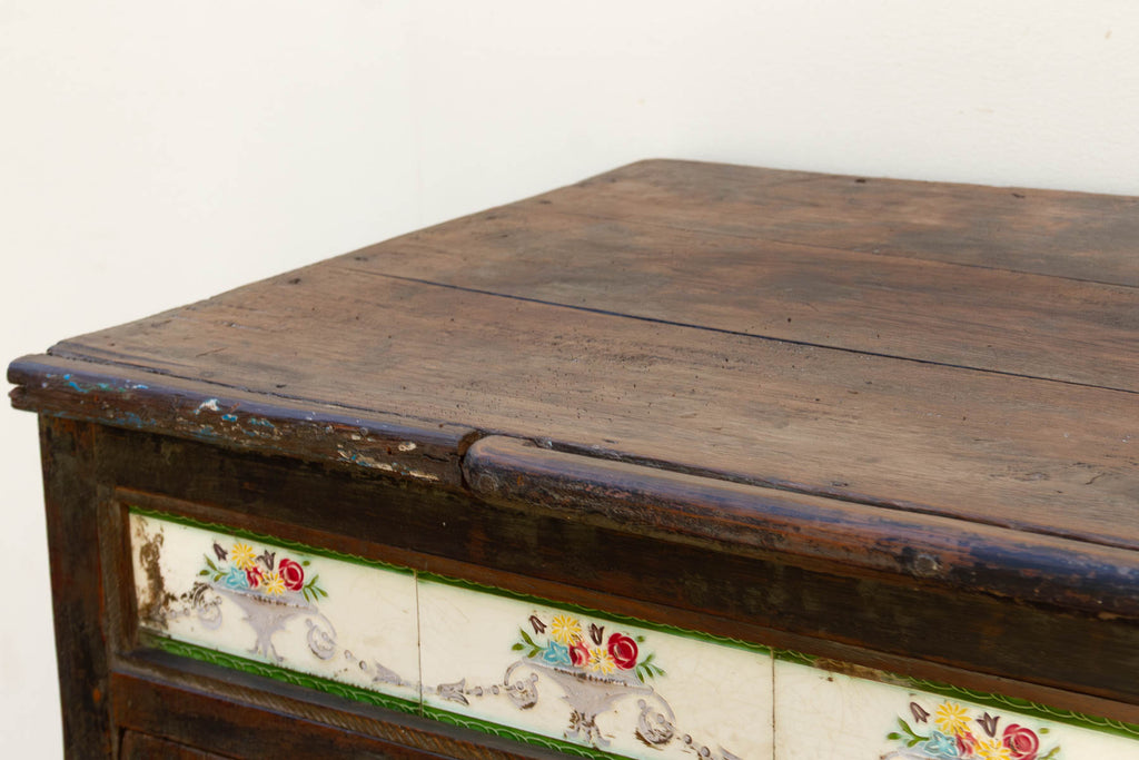 Antique Goa Colonial Tile & Glass Cabinet