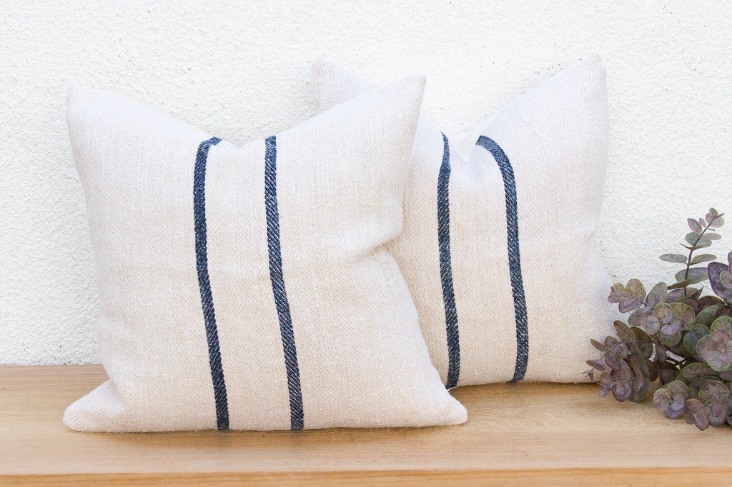 Pair of Antique French Grain Sack Linen Pillows
