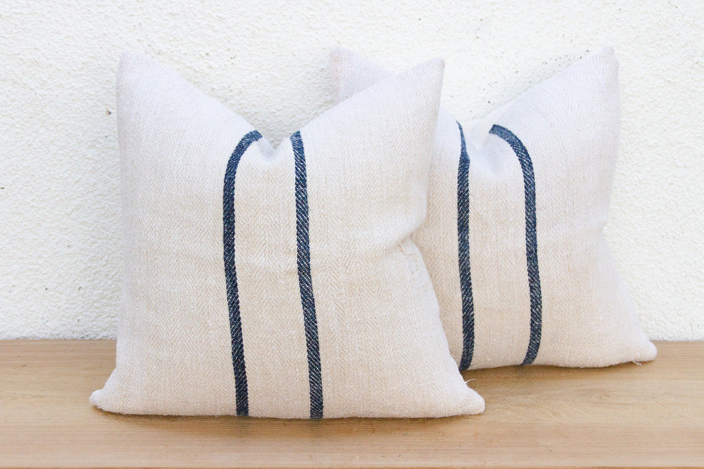 Pair of Antique French Grain Sack Linen Pillows