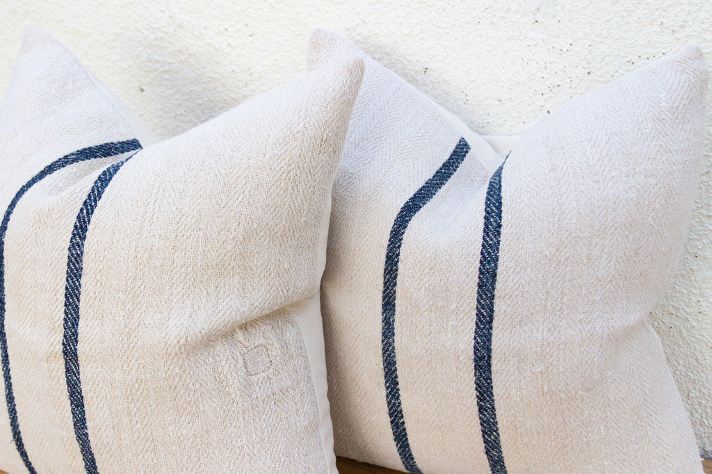 Pair of Antique French Grain Sack Linen Pillows
