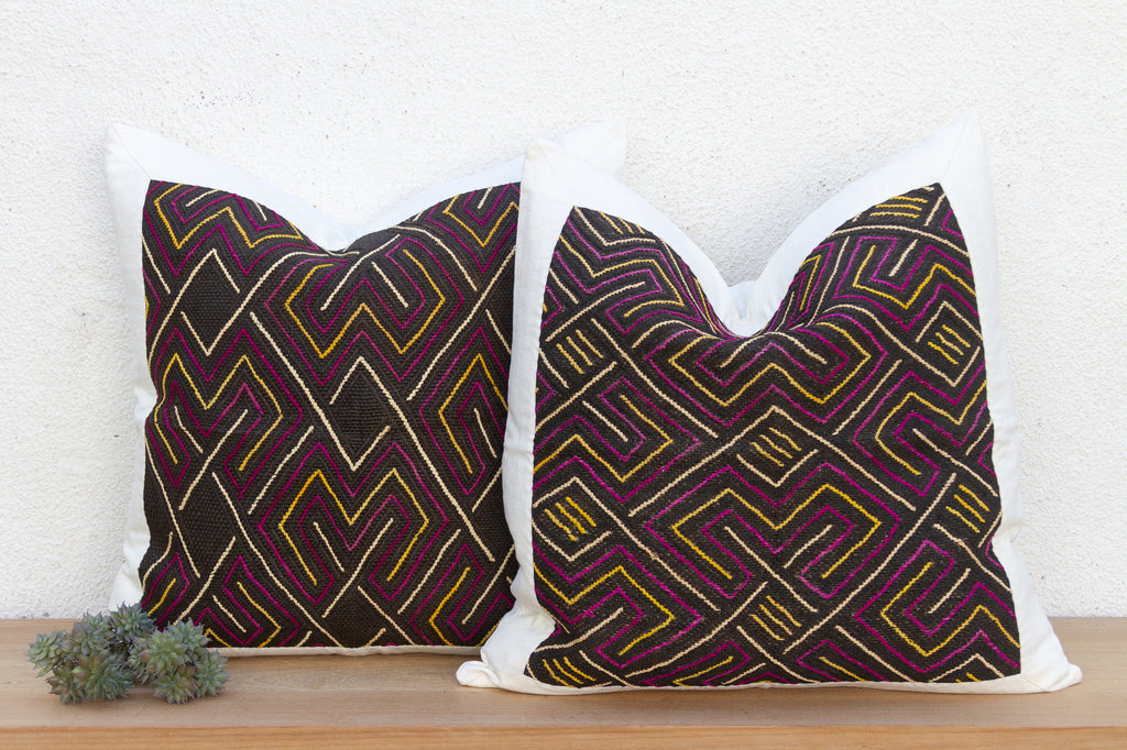 Ancestral Maze, Pair of Large African Kuba Cloth Pillows