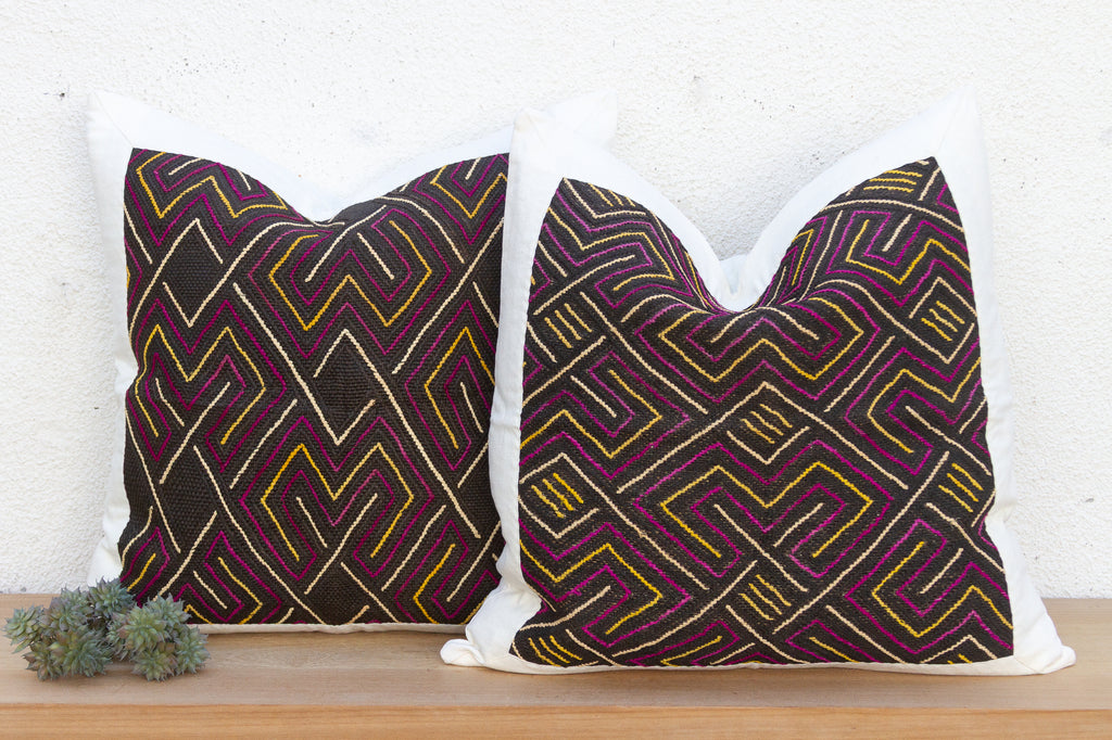 Ancestral Maze, Pair of Large African Kuba Cloth Pillows