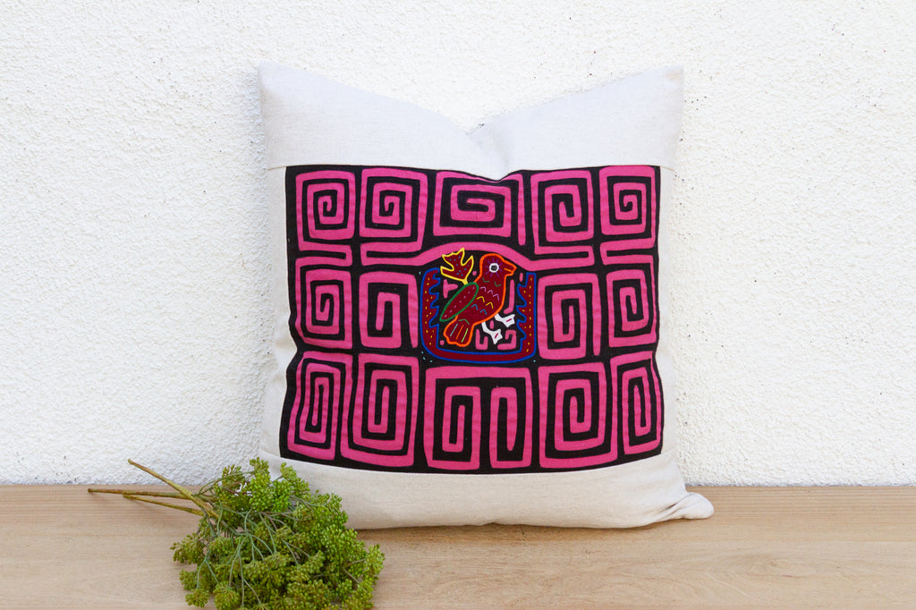 Pink & Black Mola, Vintage Kuna Applique Tribal Pillow
