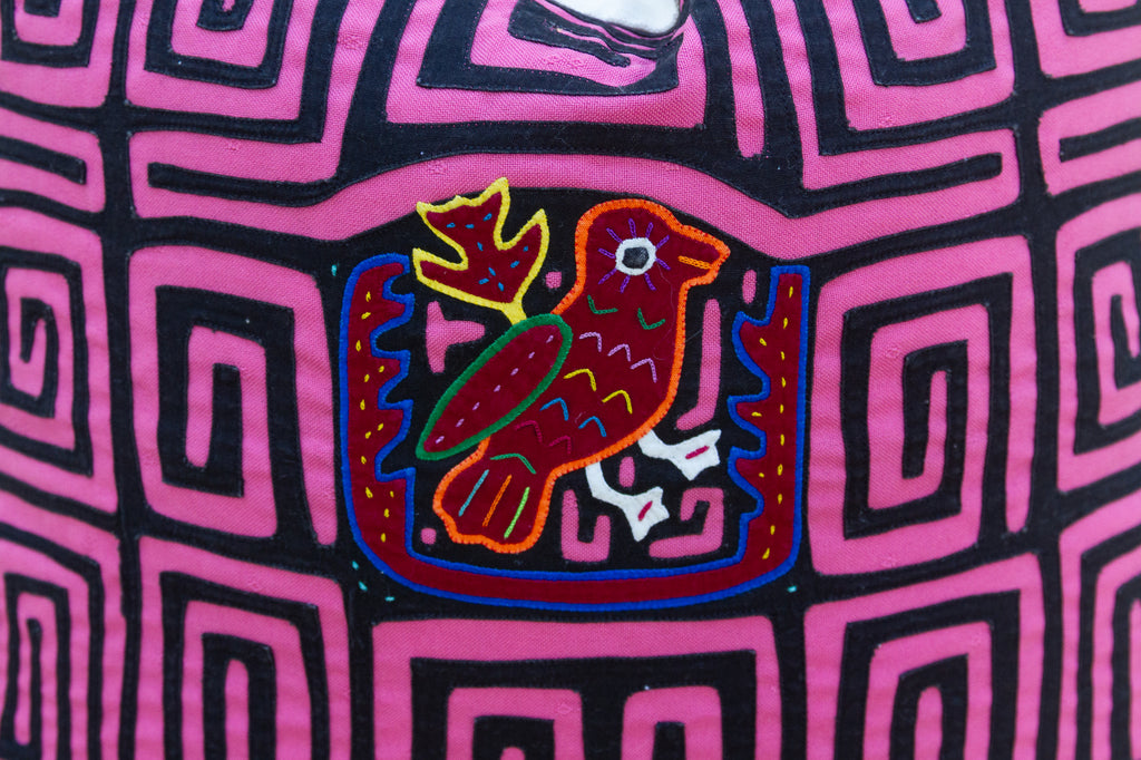 Pink & Black Mola, Vintage Kuna Applique Tribal Pillow
