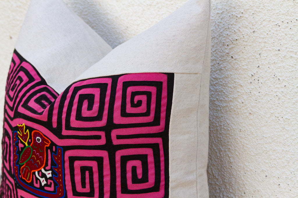 Pink & Black Mola, Vintage Kuna Applique Tribal Pillow