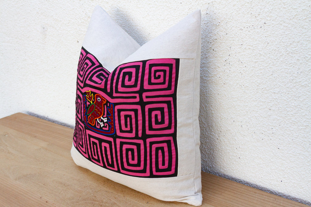 Pink & Black Mola, Vintage Kuna Applique Tribal Pillow