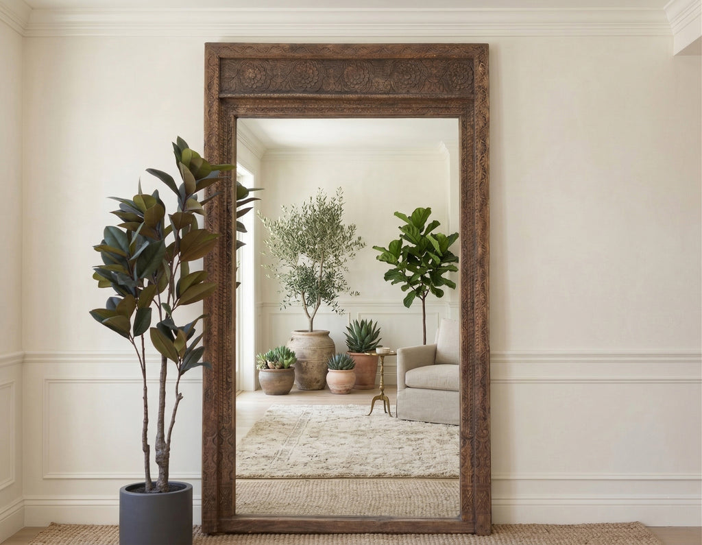 Open Lotus Monumental Antique Floor Mirror