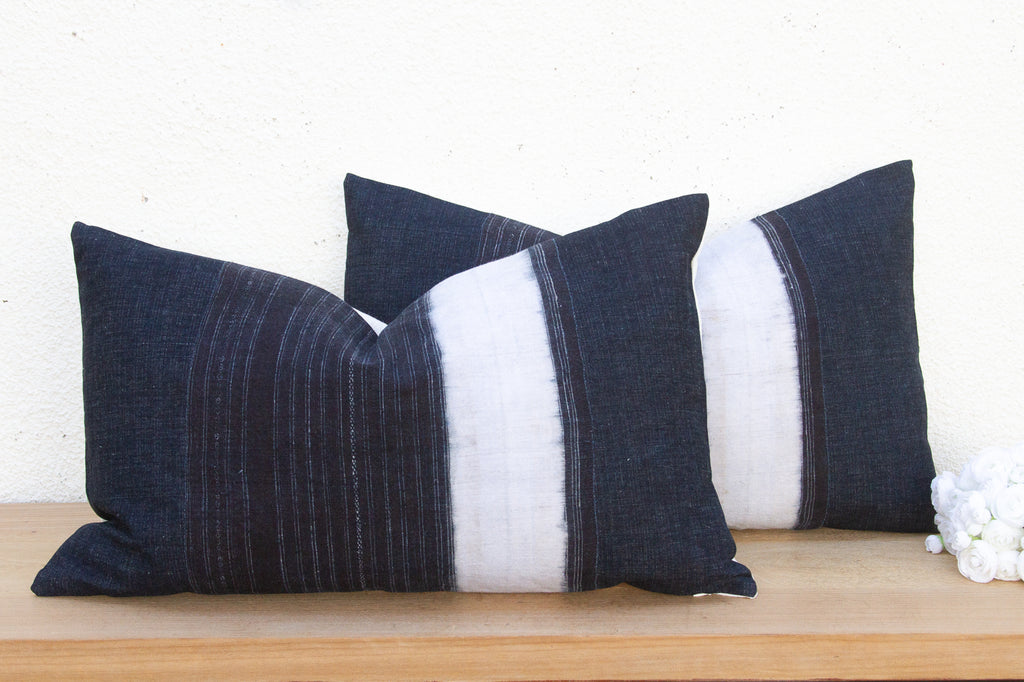 Indigo & White Vintage Hmong Lumbar Pillows, Pair