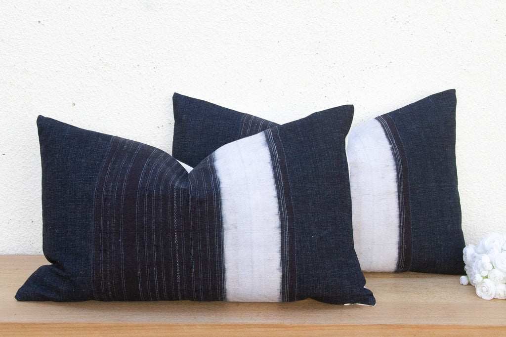 Indigo & White Vintage Hmong Lumbar Pillows, Pair