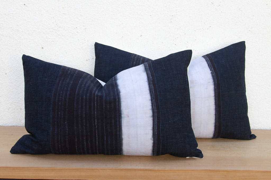Indigo & White Vintage Hmong Lumbar Pillows, Pair