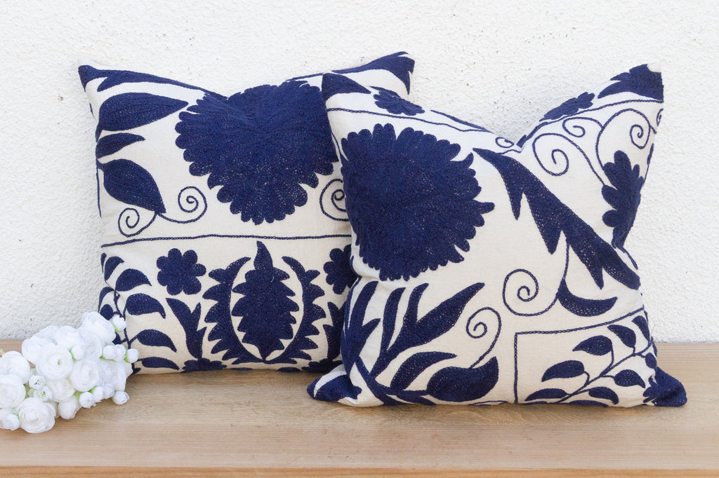 Pair of Indigo Blue Hand Embroidered Suzani Pillows