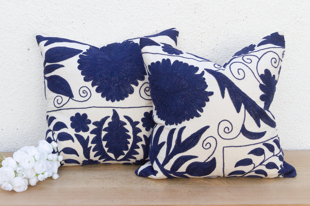Pair of Indigo Blue Hand Embroidered Suzani Pillows