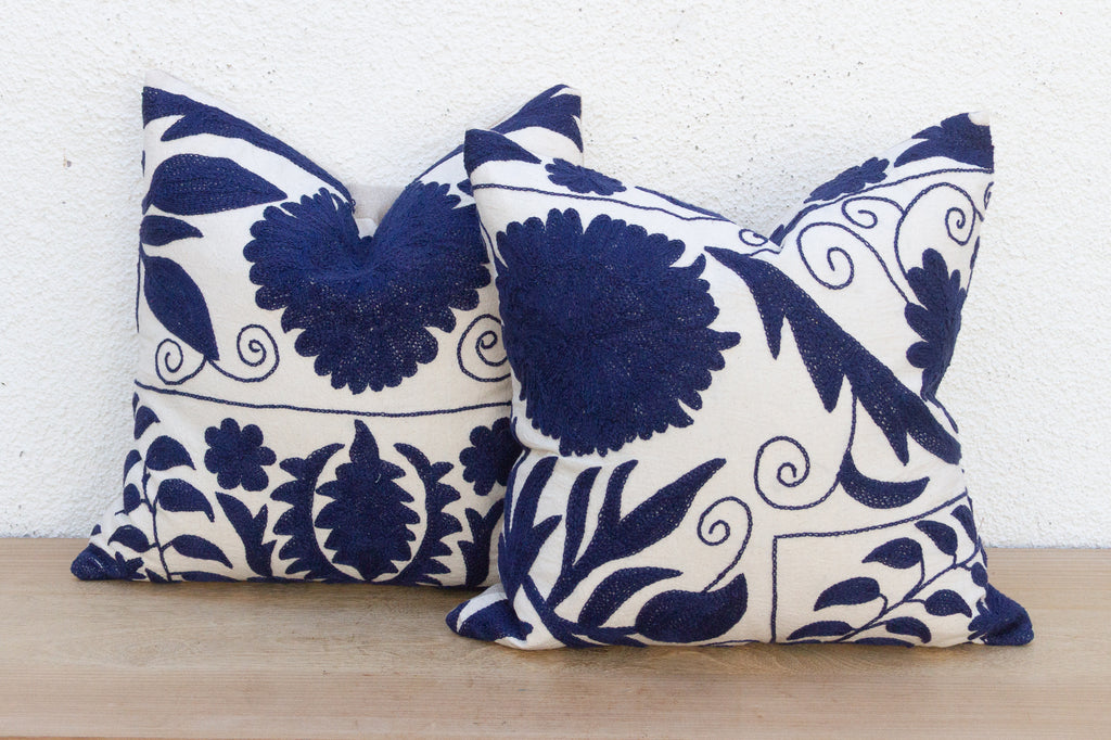 Pair of Indigo Blue Hand Embroidered Suzani Pillows