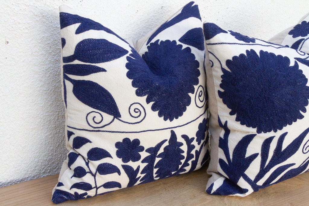 Pair of Indigo Blue Hand Embroidered Suzani Pillows