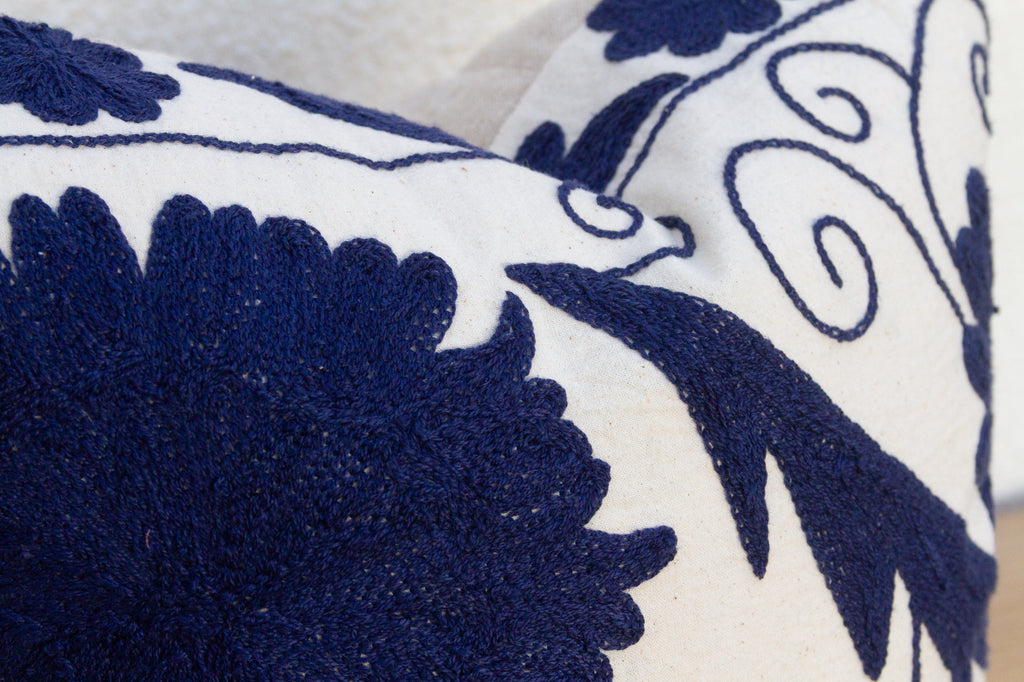 Pair of Indigo Blue Hand Embroidered Suzani Pillows