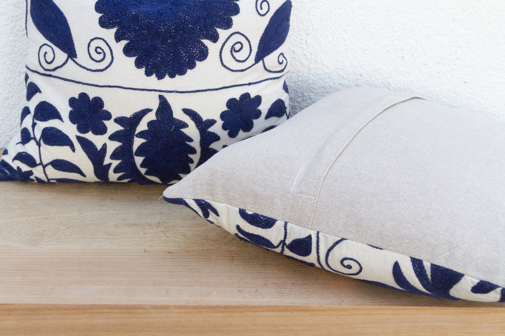 Pair of Indigo Blue Hand Embroidered Suzani Pillows