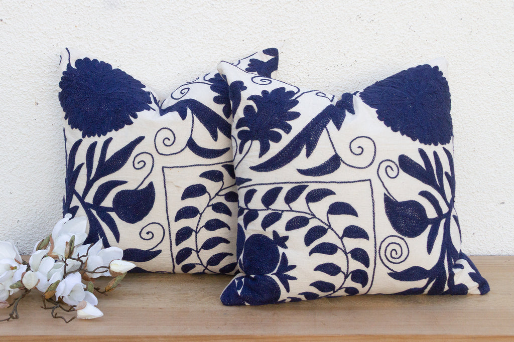 Silk Road Blue & White Suzani Pillow, A Pair