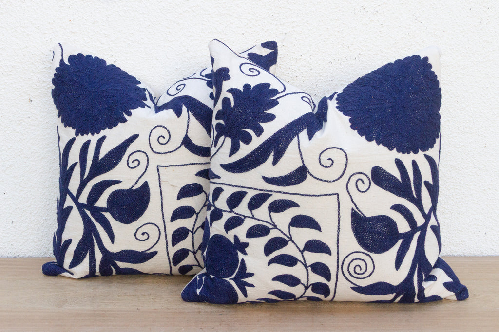 Silk Road Blue & White Suzani Pillow, A Pair