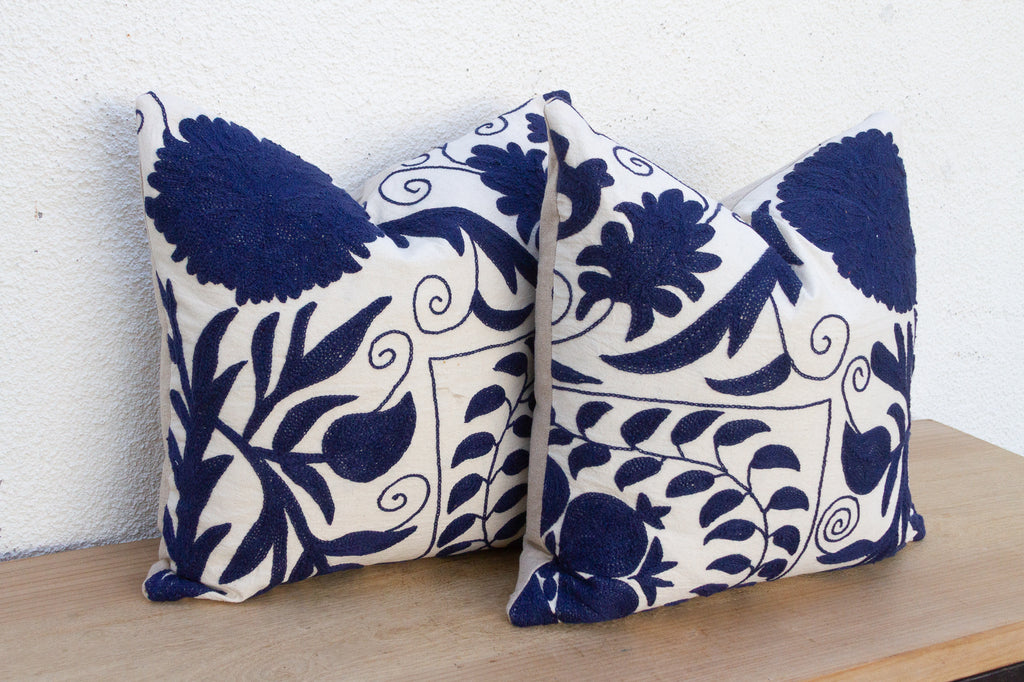 Silk Road Blue & White Suzani Pillow, A Pair
