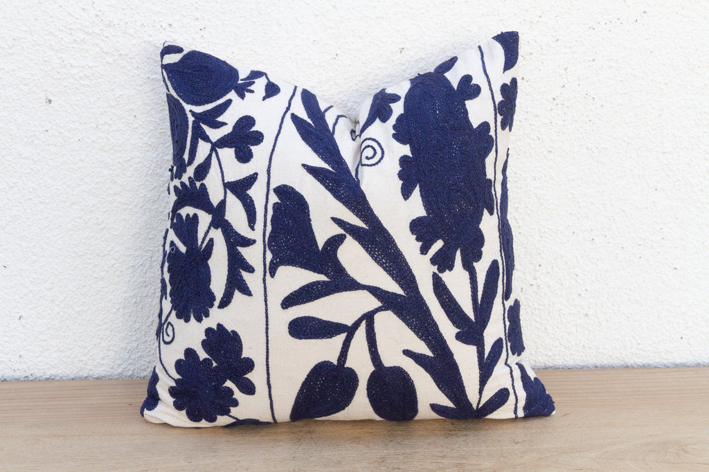 Navy Blue Floral Suzani Throw Pillow