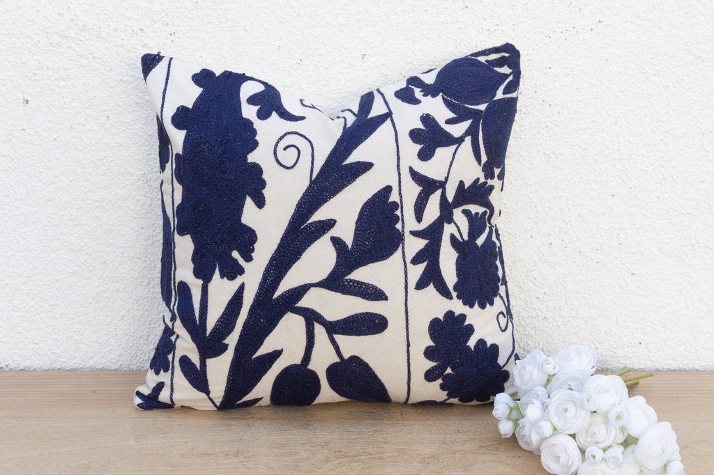 Indigo & White Floral Suzani Throw Pillow