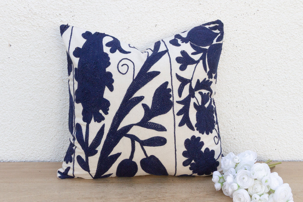 Indigo & White Floral Suzani Throw Pillow