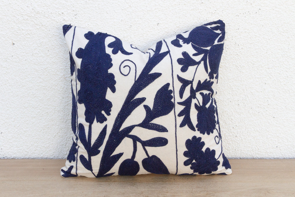 Indigo & White Floral Suzani Throw Pillow