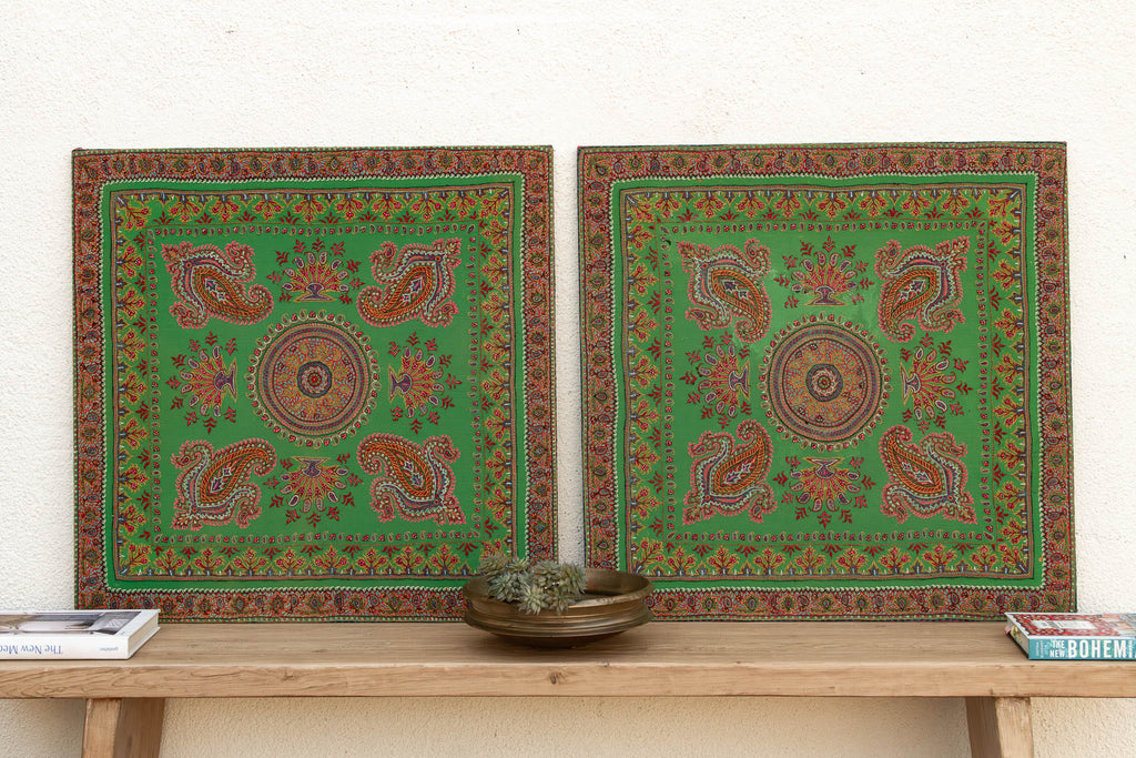 Set of 2 Vintage Mounted Verdant Paisley Textiles (Trade)