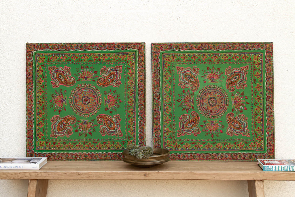 Set of 2 Vintage Mounted Verdant Paisley Textiles (Trade)