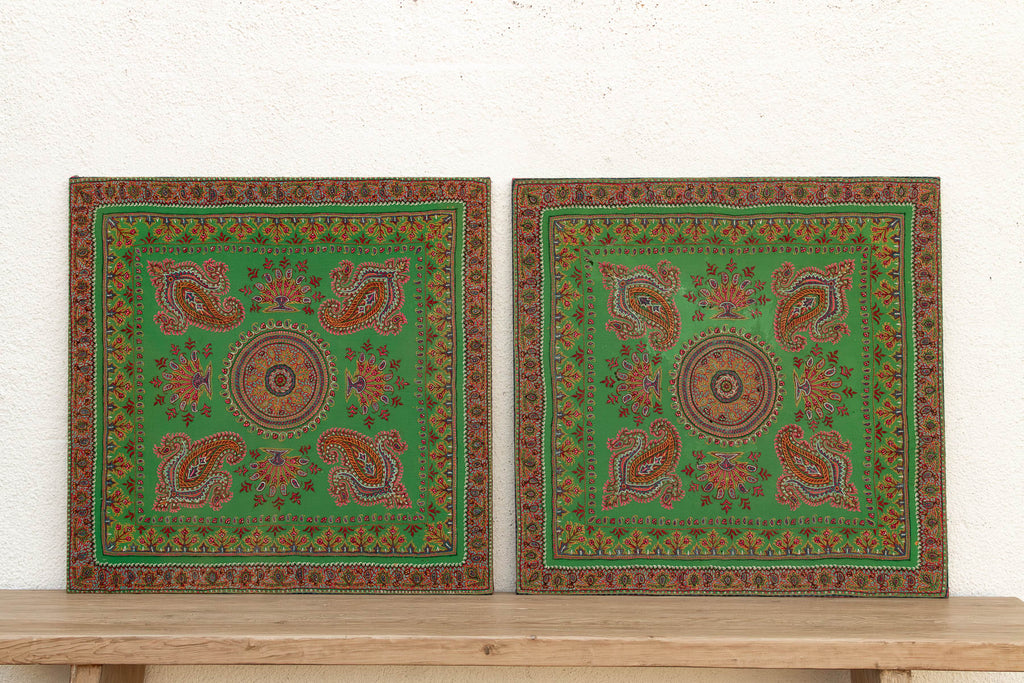 Set of 2 Vintage Mounted Verdant Paisley Textiles (Trade)