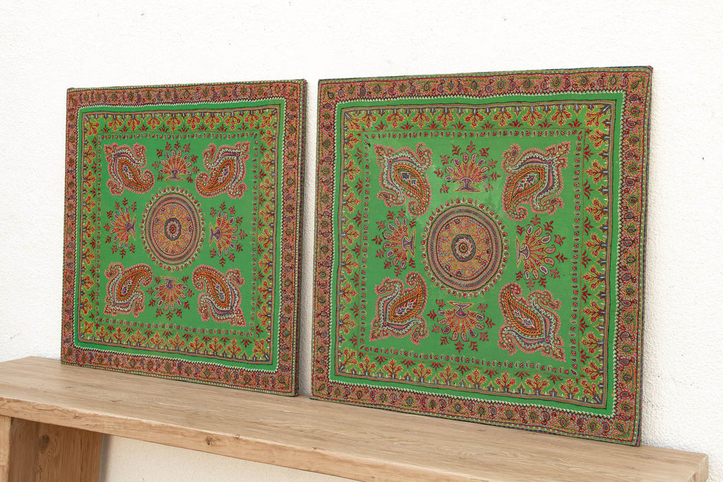 Set of 2 Vintage Mounted Verdant Paisley Textiles (Trade)