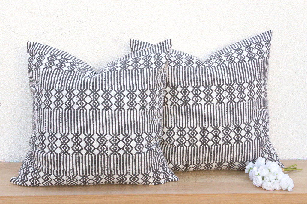 Pair of Large Black & White Blockprint Kantha Pillow